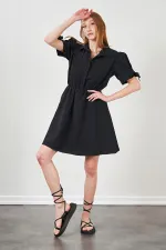 Kadın Siyah Kolları Bağlamalı Poplin Elbise