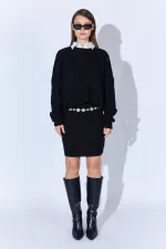 Kadın Siyah Saç Örgülü Etek Kazak Takım