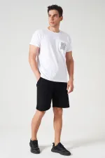 Erkek Beyaz Bisiklet Yaka Önü Parçalı Cep Baskılı Tişört