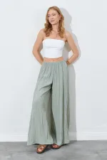 Kadın Çağla Beli Lastikli Bol Paça Kırışık Pantolon