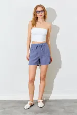 Kadın Gri Önden Cepli Keten Şort