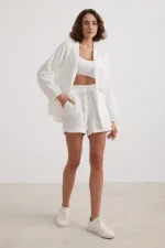 Kadın Ekru Beli Lastikli Müslin Şort