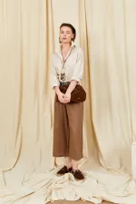 Women's Coffee Brown Belt Detail Double Pleated Bemuda Linen Trousers