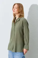 Kadın Haki Krınkıl Oversize Gömlek