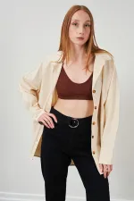 Kadın Naturel Oversize Basic Balık Sırtı Gabardin Gömlek