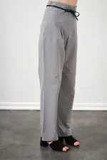 Kadın Gri Yüksel Bel Deri Kemerli Poplin Pantolon