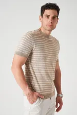 Erkek Bej Bisiklet Yaka Çizgili Triko Tişört