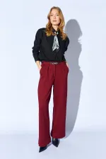 Kadın Bordo İçten Kemerli Bol Paça Yün Efekt Pantolon