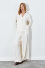 Kadın Krem Beli İnce Lastik Detaylı Saten Pantolon