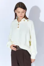 Kadın Kemik Şal Yaka Düğmeli Triko Kazak