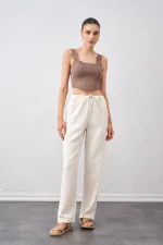 Kadın Naturel Bel Bağlamalı Bağcıklı Keten Pantolon