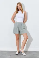 Kadın Haki Beli Lastikli Pileli Keten Şort