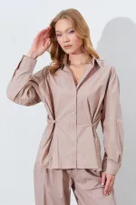 Kadın Vizon Bel Oturtmalı Bel Düğme Detaylı Gömlek