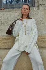 Kadın Kemik Saç Örgülü Pantolon Salaş Triko Takım