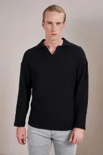 Men's Black Polo Collar Long-Sleeve Jacquard Sweatshirt