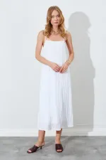 Kadın Ekru İp Askılı Kırışık Uzun Elbise
