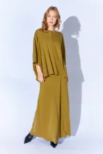 Kadın Yağ Yeşili 172 Düşük Kol Bluzlu Uzun Pike Modal Etekli Takım