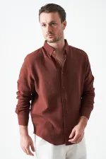 Erkek Kahve Uzun Kol Regular Basic Müslin Gömlek