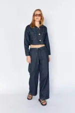 Women's Rins Wash Double Pocket Belted Loose Fit Jean Jacket and Pants Set