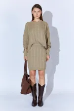 Kadın Vizon Saç Örgülü Etek Kazak Takım