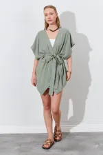 Kadın Haki Düşük Kol Kuşaklı Kimono