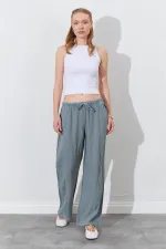 Women's Khaki Linen Wide-Leg Trousers with Drawstring Waist and Side Pockets