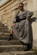 Kadın Zebra Desen TN026 Yaka Bağlamalı Desenli Uzun Şifon Elbise