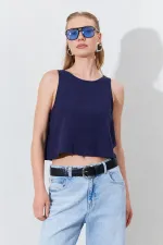 Kadın Lacivert Bisiklet Yaka Kolsuz Arka Yarım Fermuarlı Keten Bluz