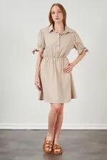 Kadın Bej Kolları Bağlamalı Poplin Elbise