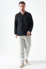 Erkek Siyah Uzun Kol V Ayaklı Yaka Regular Müslin Gömlek