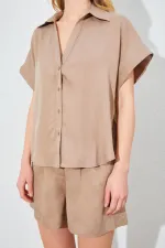 Kadın Vizon Oversize Düşük Kol Gömlek Şortlu Takım