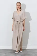 Kadın Koyu Bej Düşük Kol Beli Tünel Kemerli Keten Uzun Elbise
