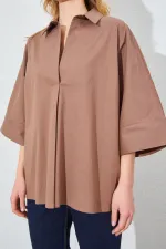 Kadın Kahve Düşük Kol Önü Patlı Salaş Kesim Gömlek