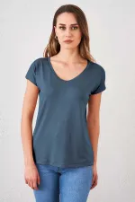 Kadın Lacivert V Yaka Geniş Salaş Tişört