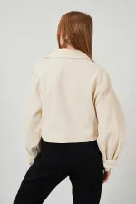 Kadın Naturel Yan Fermuarlı Kol Manşetli Balık Sırtı Gabardin Ceket