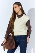 Kadın Krem V Yakalı Basic Süveter