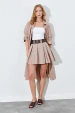 Kadın Vizon Pileli Kemerli Mini Etek