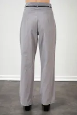 Kadın Gri Yüksel Bel Deri Kemerli Poplin Pantolon