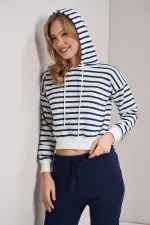 Women's Indigo Three-Thread Striped Hooded Crop Sweatshirt