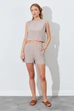 Kadın Vizon Kolsuz Bluzlu Şortlu Takım