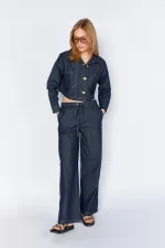 Women's Rins Wash Double Pocket Belted Loose Fit Jean Jacket and Pants Set
