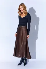 Jupe longue en satin ceinturée couleur café 3499 pour femme