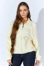 Kadın Krem Yakası Dışardan Cepli Fermuarlı Salaş Hırka