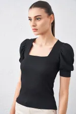 Kadın Siyah Balon Kol Kare Bürümcük Kumaş Bluz