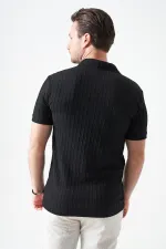 Erkek Siyah Ayaklı Yaka Fermuarlı Ağır Jakar Tişört