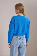 Women's Blue Crew Neck Lovers Lane Print Three-Thread Crop Sweatshirt