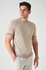 Erkek Bej Bisiklet Yaka Çizgili Triko Tişört