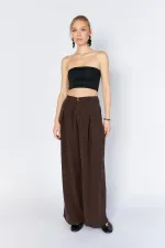 Women's Coffee YP5115 Double Pleated Wide Leg Tencel Trousers