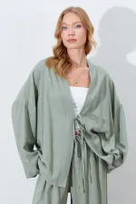 Kadın Haki Önü İp Bağlamalı Kimone Ceket