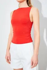 Kadın Kırmızı Kayık Yaka Yanları Büzgülü Sandy Bluz